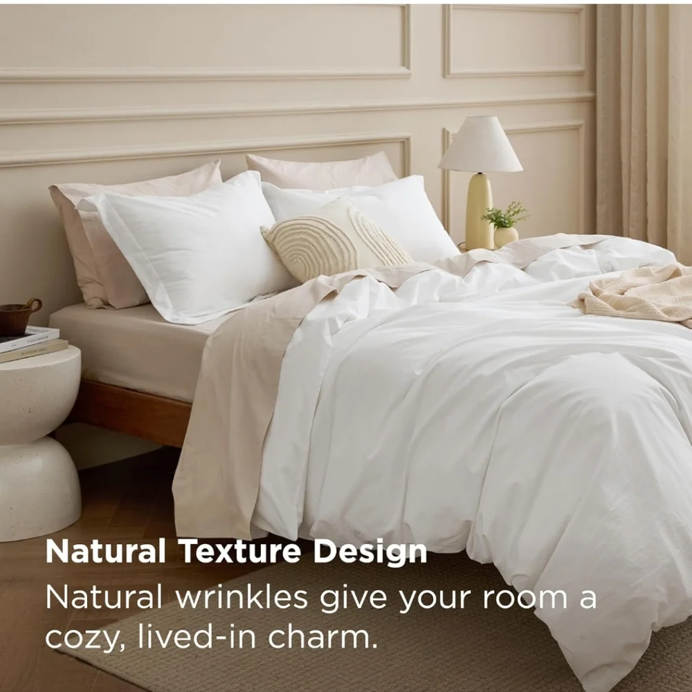 Bedsure 100% Washed Cotton Duvet Cover King Size Natural White Minimalist Beddin